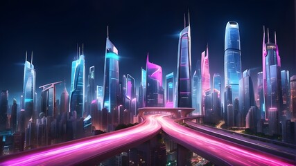 Speed light trails wind through a clever, contemporary megacity and a village of skyscrapers with futuristic neon lighting, virtual reality, and motion