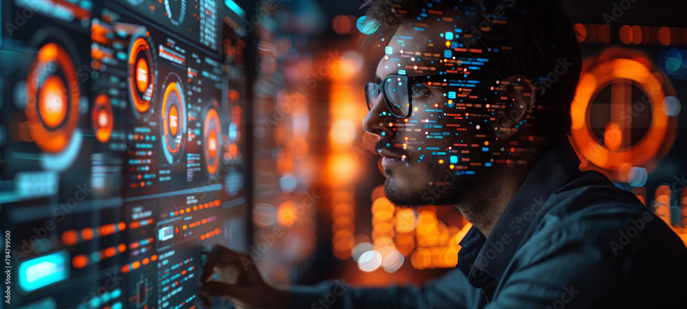 Poster Business man using AI technology for data analysis, coding computer language with digital brain, machine learning on virtual screen, business intelligence, AI Artificial Intelligence.