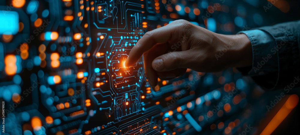 Aufkleber Business man using AI technology for data analysis, coding computer language with digital brain, machine learning on virtual screen, business intelligence, AI Artificial Intelligence.