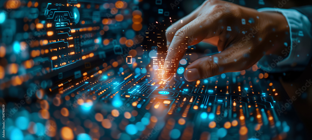 Aufkleber Business man using AI technology for data analysis, coding computer language with digital brain, machine learning on virtual screen, business intelligence, AI Artificial Intelligence.