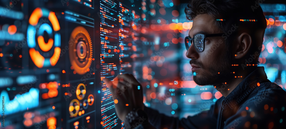 Aufkleber Business man using AI technology for data analysis, coding computer language with digital brain, machine learning on virtual screen, business intelligence, AI Artificial Intelligence.