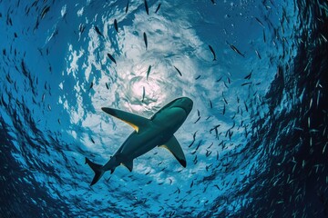 Menacing beauty: underwater world with the shark predator, a captivating glimpse into the fierce,...