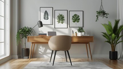 A clean and minimalist Scandinavian-style home office with natural wood desk, botanical artwork, and an array of houseplants enhancing the calm workspace.