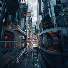 city asian urban buildings whit dark clouds reflex on water floor