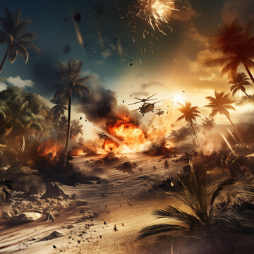 war explosions on beach whit hellicopter battleroyale scene