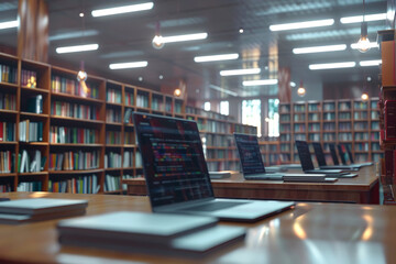 Laptops in the library on stools with shelves with books in the background
