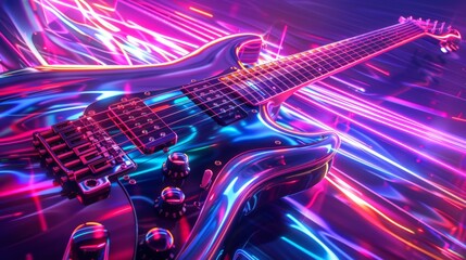 A digital synthwave guitar emitting neon sound wave, purple theme, wallpaper illustration