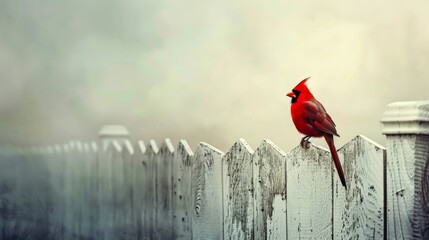 A red bird perched on a white fence, minimalist wallpaper