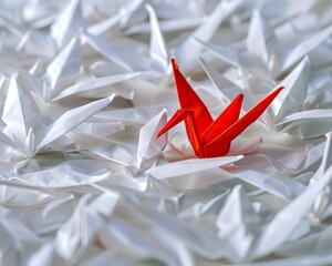 A red origami crane among a collection of white origami crane, outstanding leader concept