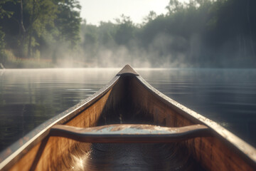 Kayak bow in the morning on a foggy lake, boating or kayaking on the lake in the morning, active recreation
 - Powered by Adobe