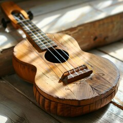 Acoustic Ukulele on wooden background, isolated Classic instrument, perfect for music lovers