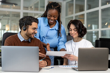 Diverse group of coworkers boardroom generating new business ideas