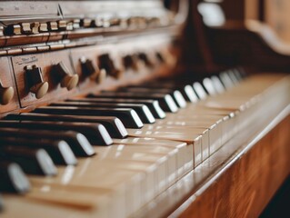 Vintage wood piano instrumental, creating beautiful music, selective focus