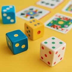 Four dice and four cards on yellow background and table, symbolizing luck and gambling