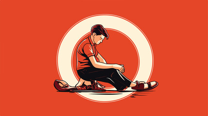 Vector illustration of person tying shoelaces in re