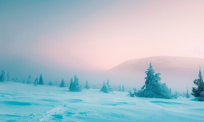 A snowy forest scene with mountains, trees, and a frosty landscape under a blue sky at sunset - obrazy, fototapety, plakaty