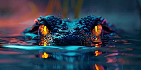 Neon art of a crocodile eye above water, wallpaper illustration  
