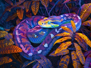 Neon art of a snake coiled in a jungle, serpentine, illustration
