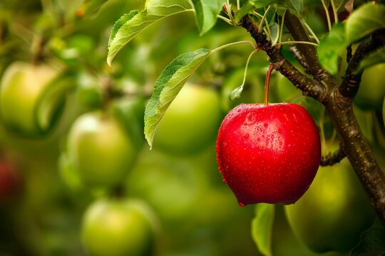 One different red apple stand out of green apples, Leader and team concept