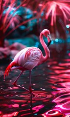 A flamingo in a neon pink lake, palm tree, phone wallpaper