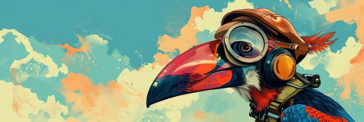 Pop art of a hornbill with vintage aviator goggles, illustration wallpaper
