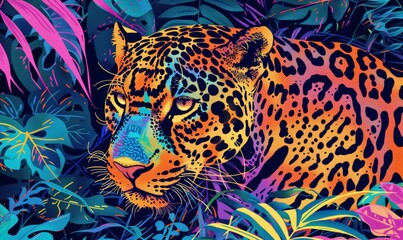 Pop art of a jaguar with a neon jungle overlay, illustration wallpaper