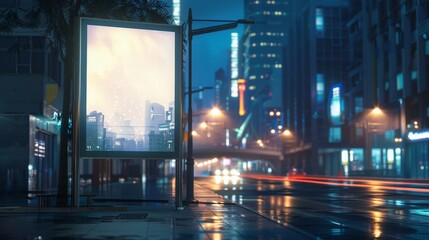 Fototapeta na wymiar Cityscape with Empty Billboard for Advertising, Wet Street Reflections and Neon Urban Lights, Copy Space