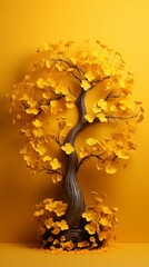Ginkgo biloba relict tree, miniature style. Yellow leaves, yellow background. Bonsai. Chinese and Asian culture. Background, banner, poster, advertisement