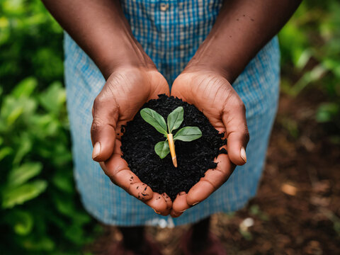 Manos de africano sosteniendo una planta, concepto de diversidad y cuidado ambiental