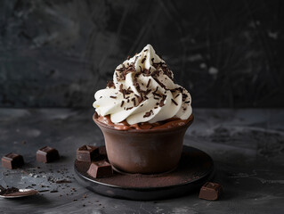 La gourmandise au chocolat liégois : pâtisserie à la crème au chocolat avec moule en chocolat et crème fouettée chantilly sur le dessus, sur fond noir