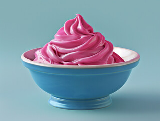 Coupelle de yaourt glacé à la mûre, myrtille ou framboise, yaourt nature bio ou organique sur fond bleue