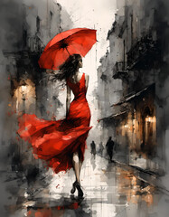 beautiful woman in a red dress on a rainy street