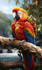 A large multi-colored Makau parrot, sitting on a tree branch by the lake