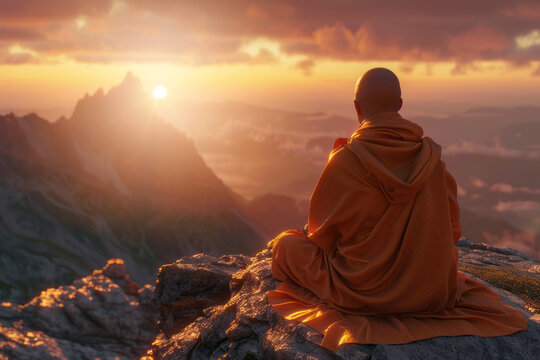 Buddhist monk meditating on top of a mountain in a beautiful location with sunset in the background and space for text or inscriptions, rear view
