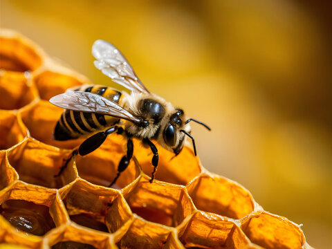 Abeja en el panal produciendo miel
