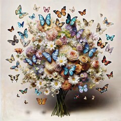 Fototapeta na wymiar Bouquet of flowers with butterflies. Digital images with butterflies and flowers emphasise the beauty of nature. Suitable for greeting cards, decor, weddings. Close-up