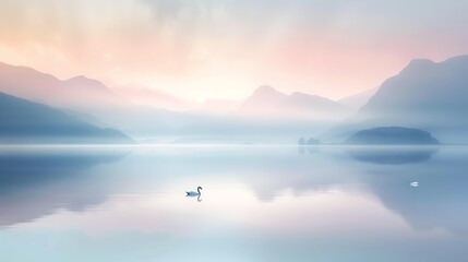 A tranquil lake surrounded by mountains at dawn, the sky painted in soft pastel colors