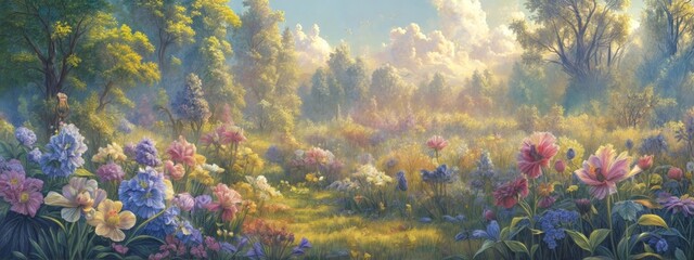 Impressionist Floral Landscapes, ethereal light, with a focus on blooming flowers and a sense of depth created by the play of light and shadow. Postcard, banner, poster - obrazy, fototapety, plakaty