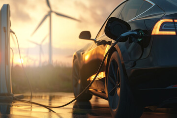 Charging a car against the background of windmills and sunset.
