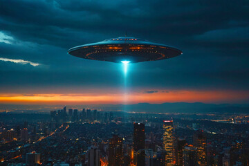 Obraz premium Illustration of a UFO spaceship over an evening metropolis. Glowing neon lights, sunset cloudy sky, fantastic picture, aliens.