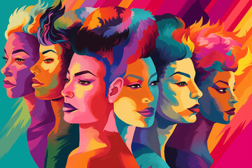 A colorful painting of four women with different hair colors and styles. The painting is vibrant...