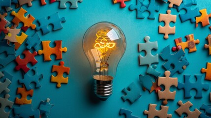 light Bulb with Puzzle Pieces Concept on Blue Background.