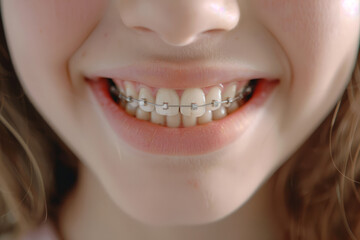 Obraz premium Close up of happy child's smile with healthy white teeth with braces close up with space for text or inscriptions 