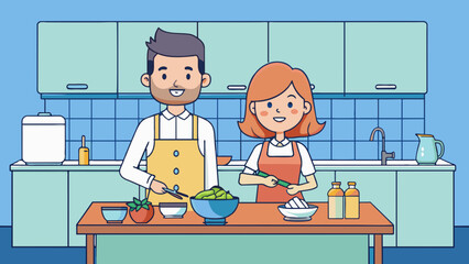 Husband and wife are cooking together vector illustration