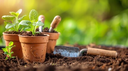 Pots with plants and gardening instruments on fresh soil background, copy space.