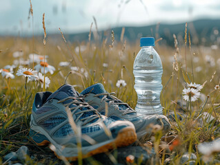 sport shoes with a bottle of drinking water