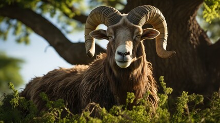 An adult male European mouflon with large horns UHD Wallpaper