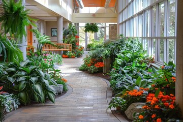Fototapeta na wymiar Indoor Garden in a Nursing Home With Different Plants, Flowers, Pathway and Benches