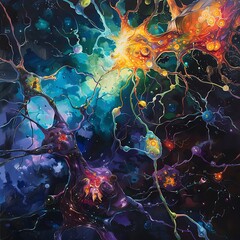 Bring the world of neurotransmitters to life with a detailed oil painting, highlighting the beauty and complexity of synapses firing Convey the feeling of electrical impulses and chemical signals in r - obrazy, fototapety, plakaty
