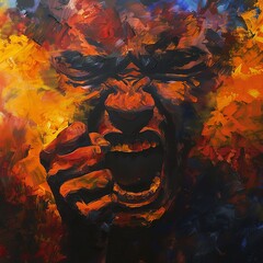 Capture intense anger using bold, fiery hues in an acrylic painting Depict clenched fists, furrowed brows, and a stormy sky to evoke a sense of fury and tension